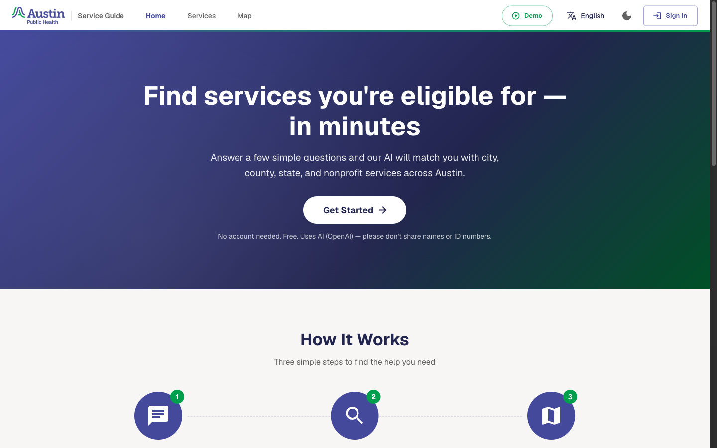Landing page headline with a Get Started button and a note not to share names or ID numbers.