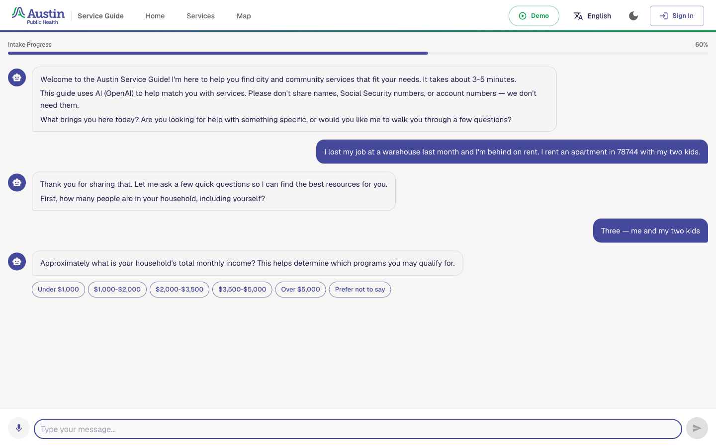 Chat intake where the assistant skips facts already given and asks about monthly income.
