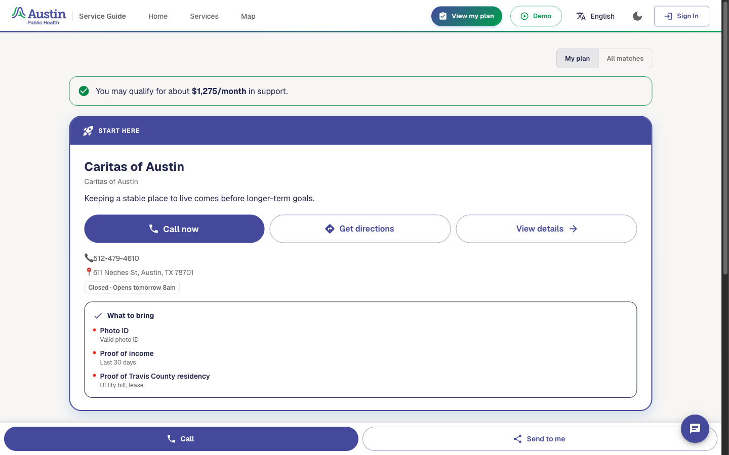 Personal plan that starts with Caritas of Austin, with call, directions and documents to bring.
