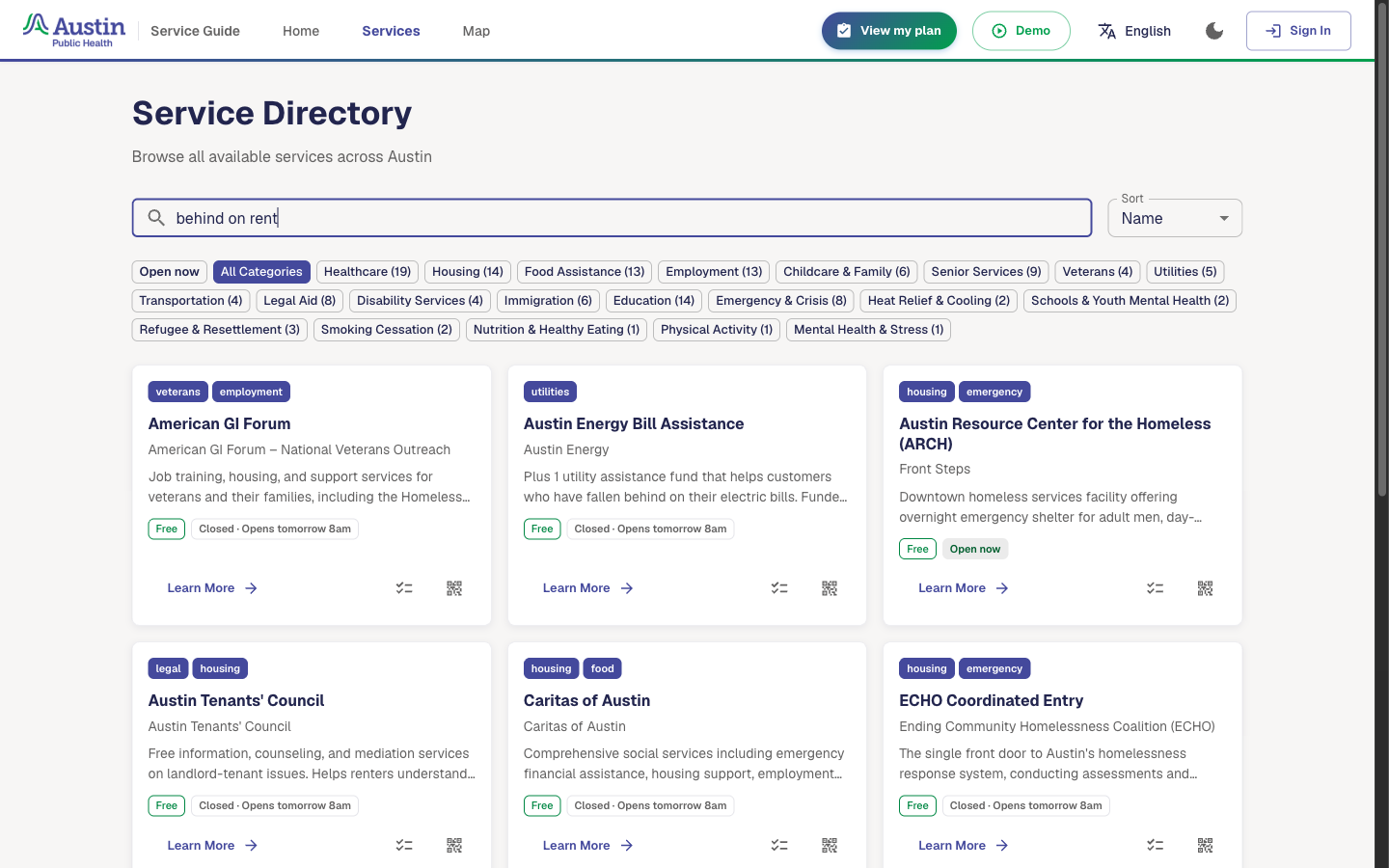 Service directory searched for behind on rent, with category filters and service cards.