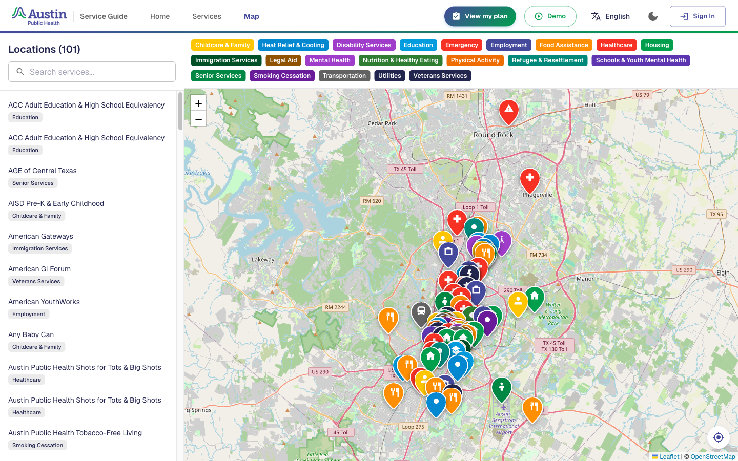 Map of Austin with color-coded service pins and a searchable list of locations.