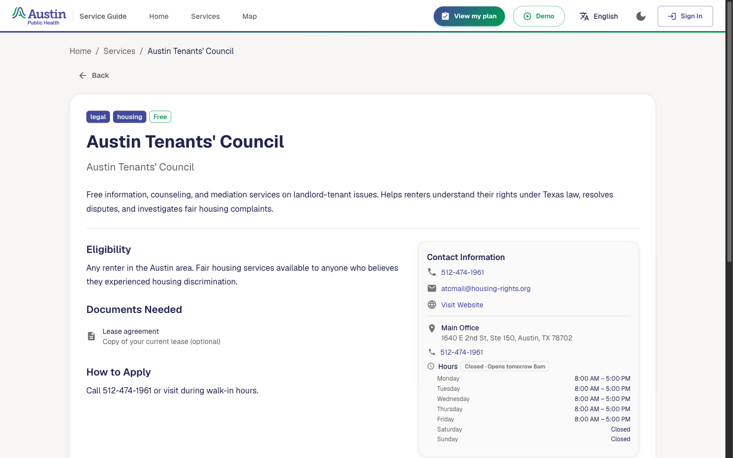 Service page showing eligibility, documents needed, how to apply, contact details and hours.