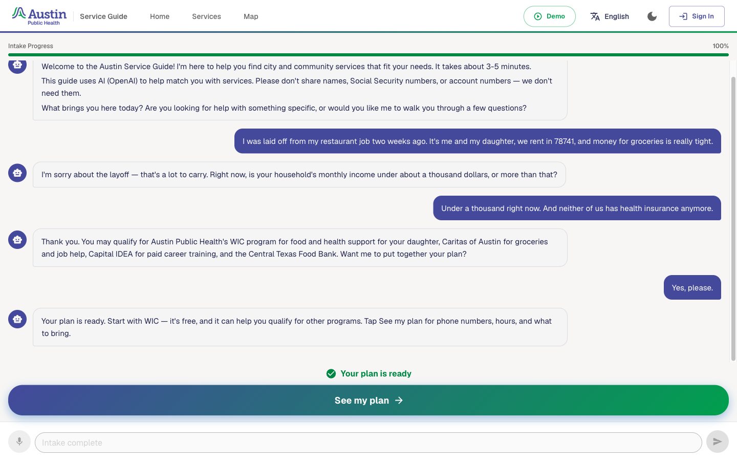 Finished voice conversation with a Your plan is ready banner and a See my plan button.