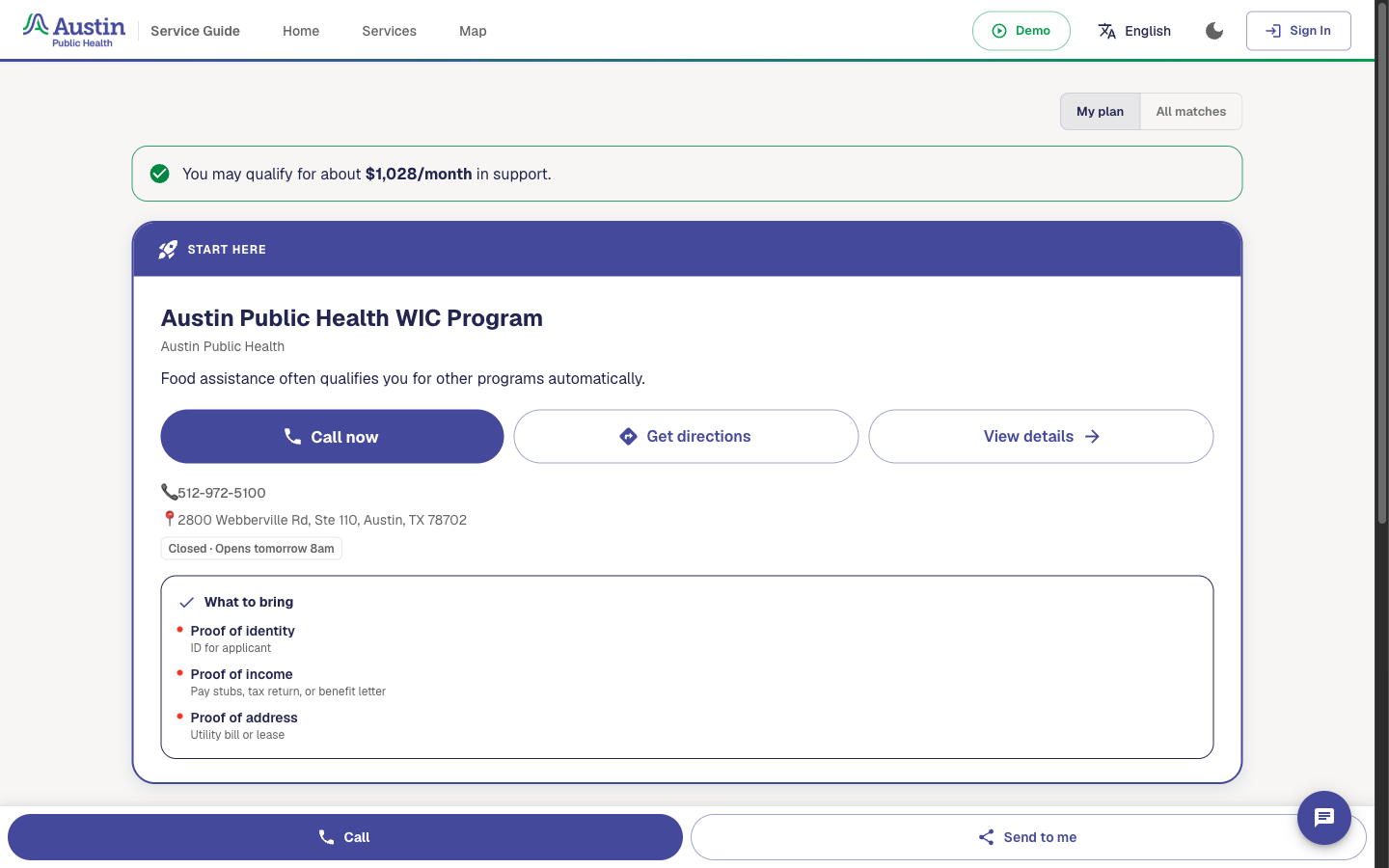 Plan built from the voice session, starting with the Austin Public Health WIC program.
